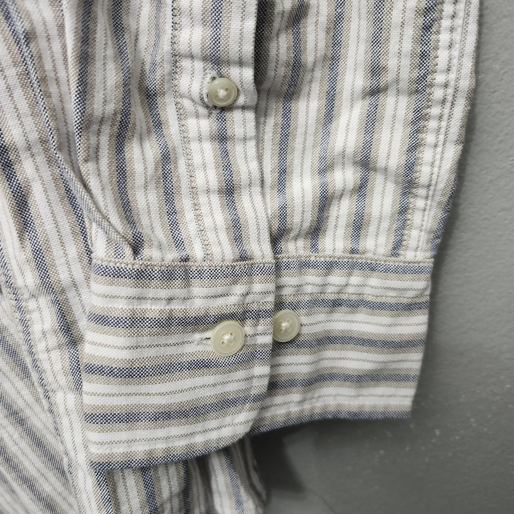 Organic cotton men's button-down shirt large long stripped cream and blue - Picture 5 of 9